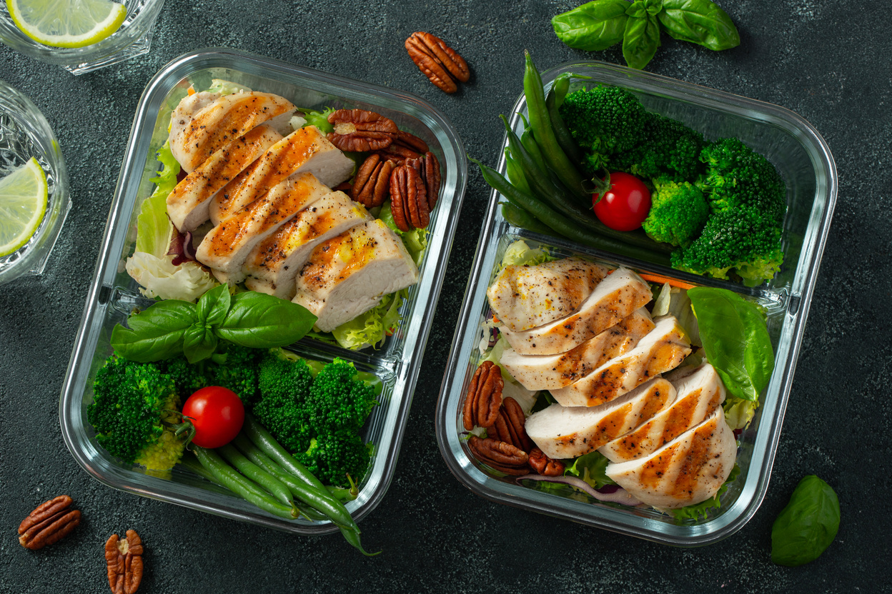 Healthy Prep Meals on a Dark Concrete Background
